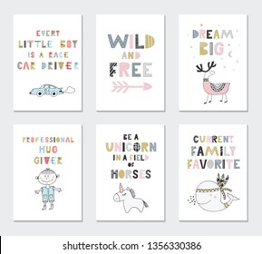 Collection of children cards with cute animals and lettering. Perfect for nursery posters. Vector illustration