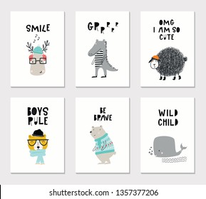 Collection of children cards with cute animals and lettering. Perfect for nursery posters. Vector illustration