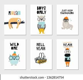 Collection of children cards with cute animals and lettering. Perfect for nursery posters. Vector illustration