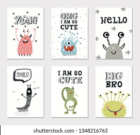 Collection of children cards with cute monsters and lettering. Perfect for nursery posters. Vector illustration