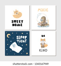 Collection of children cards with cute wild cartoon animals and lettering. Perfect for nursery posters