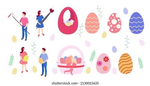 Collection of children carrying and painting decorated easter eggs, flowers and basket, playing kids. Bundle of flat cartoon characters. Vector illustration