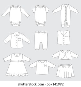 Collection of children clothes, vector illustration of baby sleepwear and outfits for boy and girl