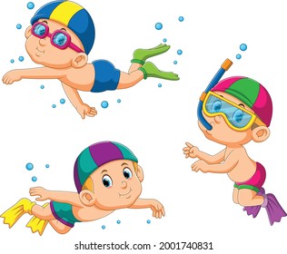 The collection of the children diving under the water of illustration