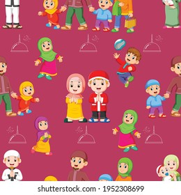 The collection of the children doing the activity on the ramadhan in pattern set of the illustration