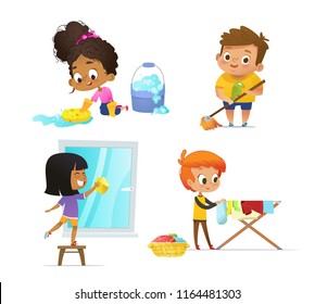 Collection of children doing household routines - mopping floor, washing window, hanging clothes on drying rack. Concept of Montessori engaging educational activities. Cartoon vector illustration