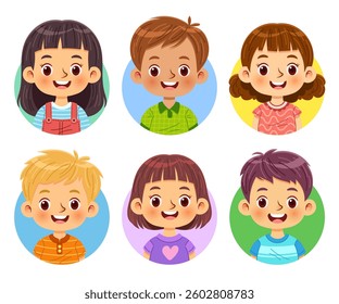 Collection of children faces from various nationalities, showcasing joyful expressions and wide smiles. Vector illustration.