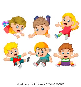 the collection of the children flying with the different posing