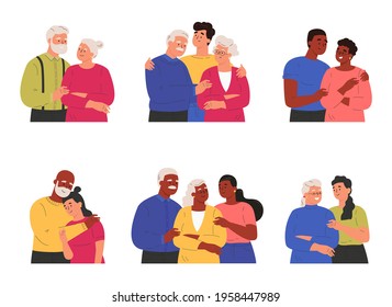 Collection of children or grandchildren with parents and grandparents.Adult man and woman embracing mature parents isolated on white background.Relatives feeling love.Cartoon flat vector illustration.