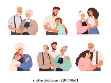 Collection of children or grandchildren with parents and grandparents.Adult man and woman embracing mature parents isolated on white background.Relatives feeling love.Cartoon flat vector