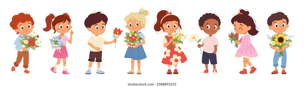 Collection of children holding flower bouquets Happy girls and boys presenting bunch Cartoon vector characters design for Mother's Day or Women's day greeting card, flyer, invitation, illustration