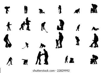 collection of children ice-skating vector silhouettes