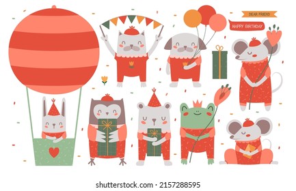 Collection children illustrations with cute animals with gift, hat, flower, air balloon, mail, crown. Set of rabbit, cat, dog, bear, toad, mouse, owl for greeting card, party invitation, stickers.