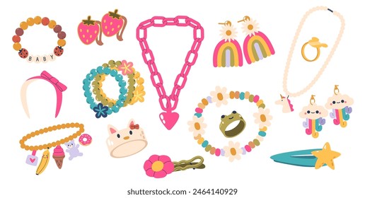 Collection Of Children Jewelry. Vector Set of Adorable Bracelets, Necklaces And Earrings With Colorful Beads, Charms