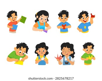 Collection of children making origami illustrations featuring boys and girls folding colorful paper into creative shapes.