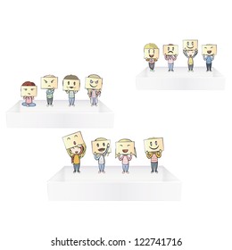 Collection of children with multiple emotions on shelves. Vector design.