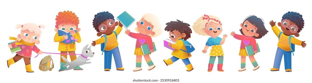 Collection of children multiracial characters reading books and cheering. Character design for children. Kids education and learning character design. Isolated vector set for school and kindergarten.