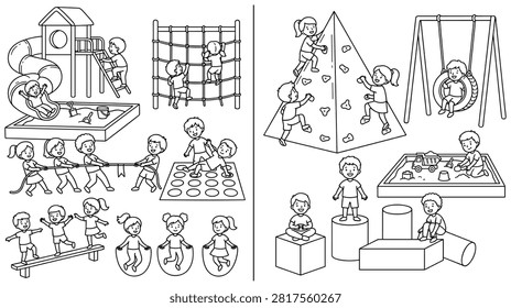 Collection of children participating in tug of war rope jumping and sandbox play. Line art illustrations featuring playground equipment and active kids.