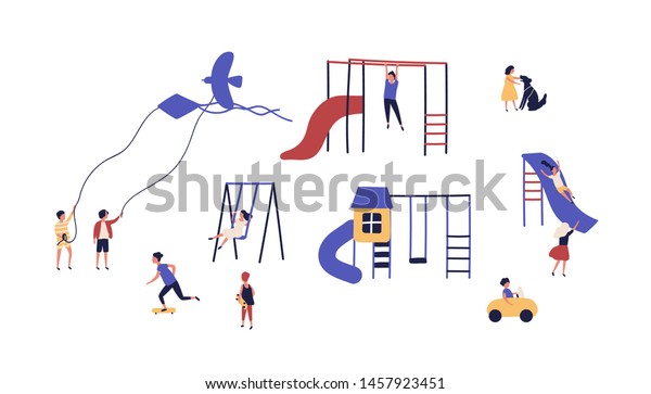 Collection of children playing on\
playground outdoor isolated on white background. Bundle of playful\
kids walking with kites, dogs, riding skateboards. Flat cartoon\
colorful vector\
illustration.