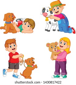 the collection of the children playing with their pets and animal