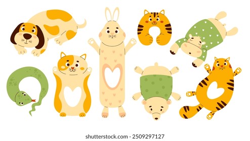 Coleção crianças de pelúcia brinquedos de animais. Travesseiros de brinquedo grandes e macios anti-stress fofinhos de grandes dimensões - cão, coelho, gato, urso, hipopótamo e travesseiro de pescoço de cobra. Ilustrações isoladas de vetor em estilo plano