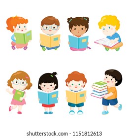 collection of children reading books for education vector illustration