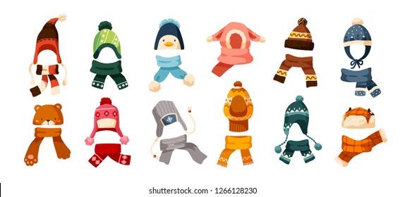 Collection of children s winter knit hats and scarves of various types isolated on white background. Bundle of headgear or head accessories for kids. Vector illustration in flat cartoon style.