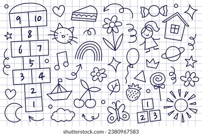 Collection of children school, kindergarten doodles. Cute childish hand drawn scribbles on checkered paper texture.