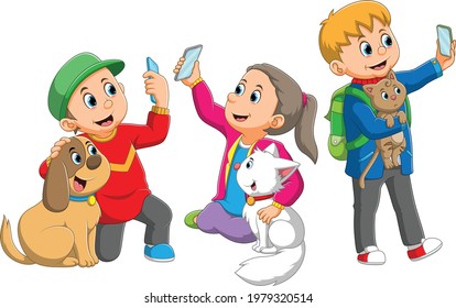 The collection the children are selfie and the animals the illustration