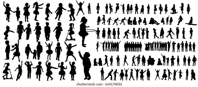 Collection of children silhouettes boys and girls set, vector illustration