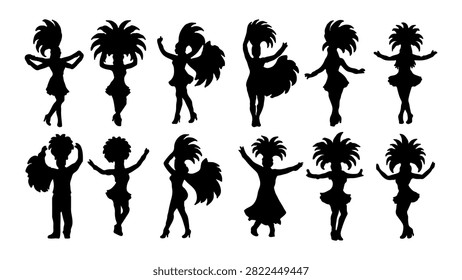 A collection of children silhouettes with palm trees, showcasing playful and joyful poses in a lively, tropical-themed scene.