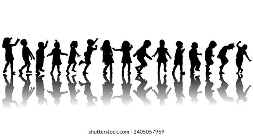 Collection of children silhouettes with shadows, on white background