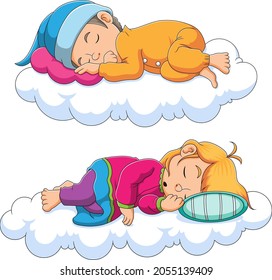 The collection of the children sleeping on the cloud of illustration