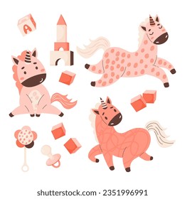 Collection children toys. Cute pink unicorns, cubes, rattle and pacifier. Vector illustration. Fantasy animal in decorative style. Isolated elements on white. Kids collection