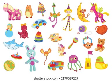Collection of children toys. Kid development and entertainment isolated on white background. Bundle of tools for kid amusement and play. Bright colored vector icons