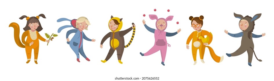 Collection children wearing cute  animal costumes. Vector cartoon isolated set