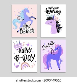 Collection of children's birthday invitation with unicorns and lettering. Vector illustration. Hand drawn style
