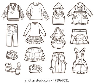 collection of children's clothes isolated on white background (coloring book)