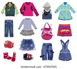 collection of children's clothes isolated on white background (vector illustration)