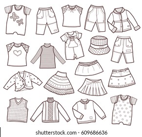 collection of children's clothes isolated on white background