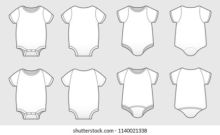 A collection of children's clothing, onesies, and snap-ons shown front and back.