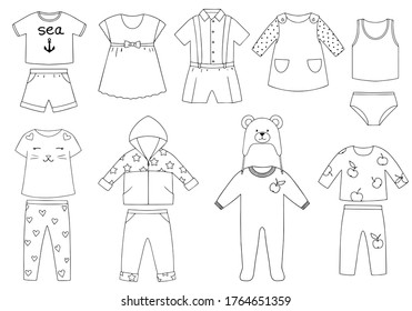 Collection of children's clothing. Vector linear image on a white background.