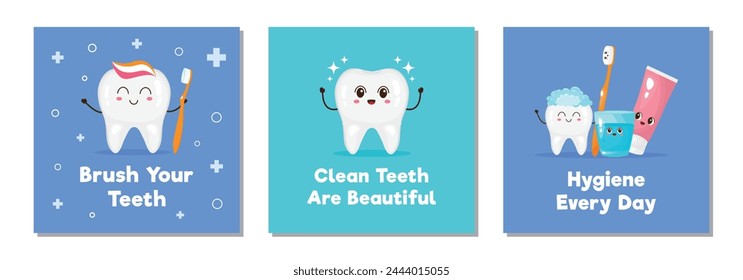 Collection of children's dental banners or posters for dental clinic. Cute teeth and hygiene products. Funny characters for dentistry. 