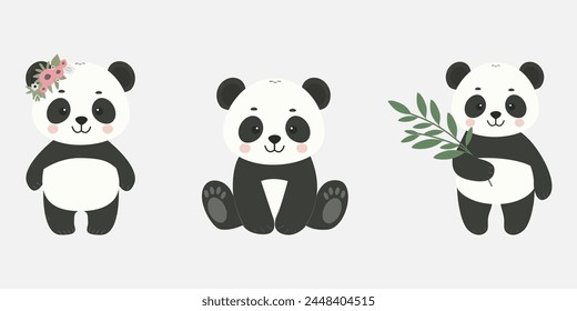 Colección de animales exóticos de niños. Ilustración vectorial de panda.
  Personajes de animales de bebé aislados sobre fondo blanco.Anuncio, cartel.