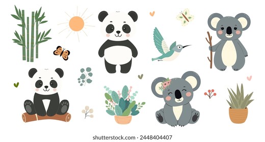 Colección de animales exóticos de niños. Ilustración vectorial de un panda, koala.
  Personajes de animales de bebé aislados sobre fondo blanco.Anuncio, cartel.