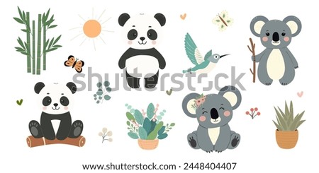 Collection of children's exotic animals. Vector illustration of a panda,koala.
  Baby animal characters isolated on white background.Banner, poster.