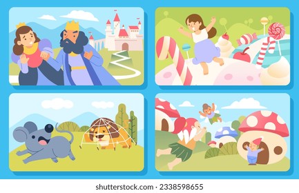 A collection of childrens fairy tales of folklore from various countries lion and mouse, candy world, fairy, mushroom, king and queen
