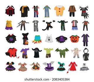 Collection of children's Halloween costumes. Popular characters' clothing.