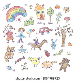 A collection of children's hand drawings on a white background. Funky colored doodles with felt-tip pens