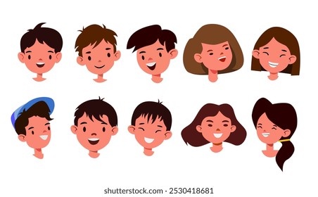 Collection of children's heads with joyful, pleased and happy expressions. flat style vector isolated on white background